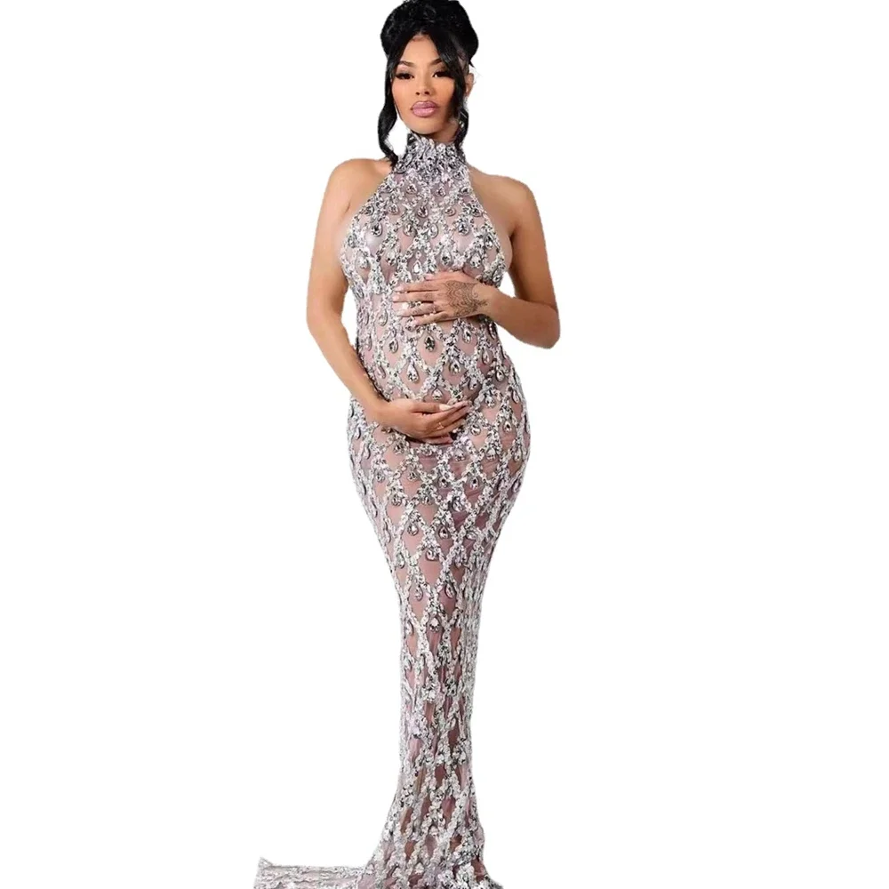 Rhinestones Dress Sexy Mesh Celebrate Evening Wedding Prom Gown Birthday Dress Photograph Wear Sparkly Silver Sequins Rhinestones Sleeveless Dress