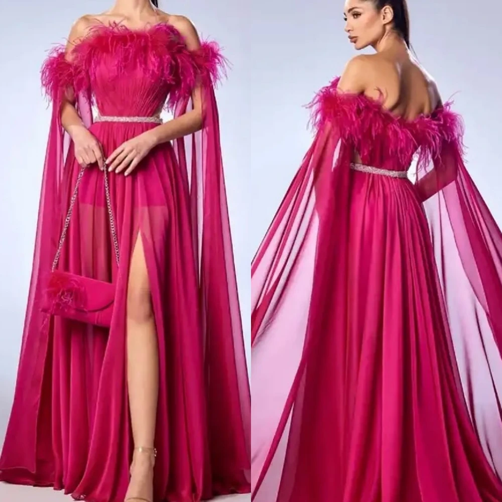 

Exquisite Off the Shoulder A-line Feathers Draped Floor-Length Chiffon Bespoke Occasion Dresses Evening
