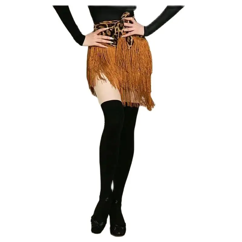 Latin Dance Skirt Leopard Print for Women Glitter Twinkle Fringe Wrap Skirt for Satge Performance Ballroom Costume Rave Party dance skirt