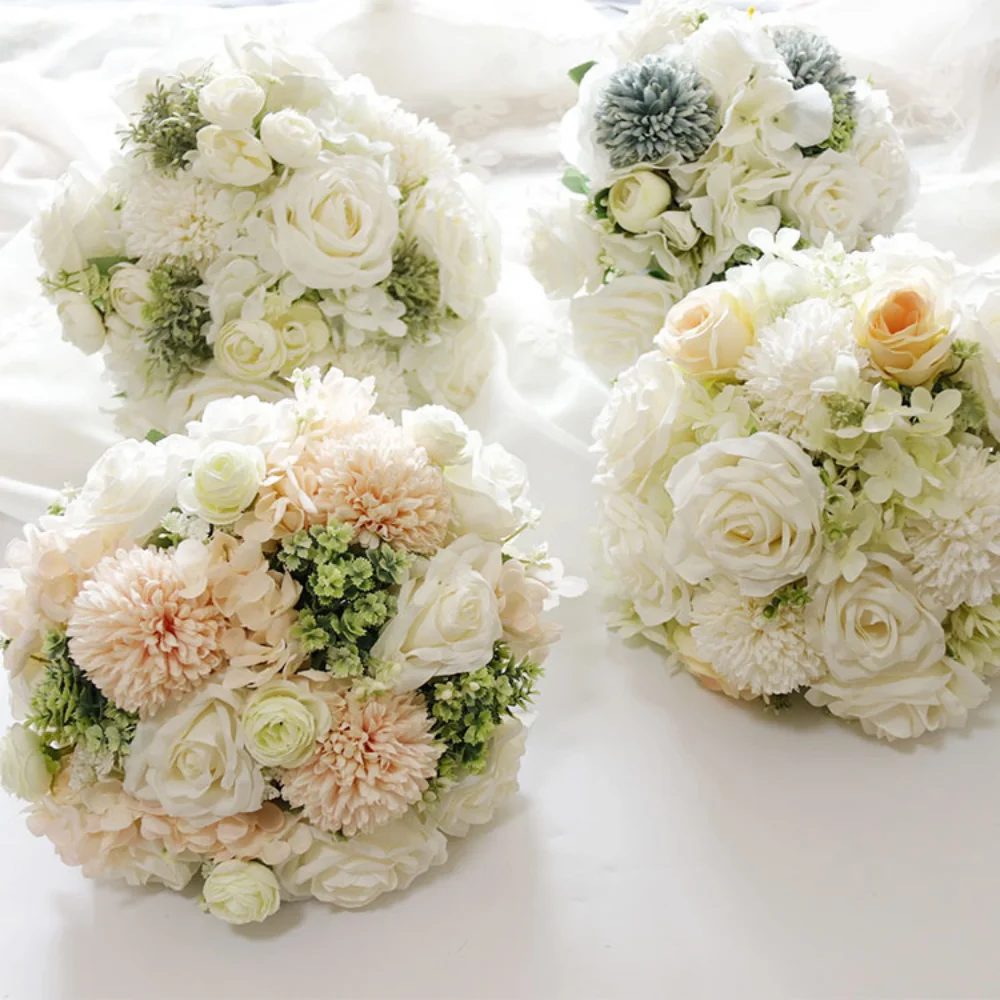 Handmade Silk Rose Wedding Bouquets Fake Flowers Holder Bridal Bridesmaid Accessories,artificial rose flowers,wedding flower decoration,wedding bouquets
