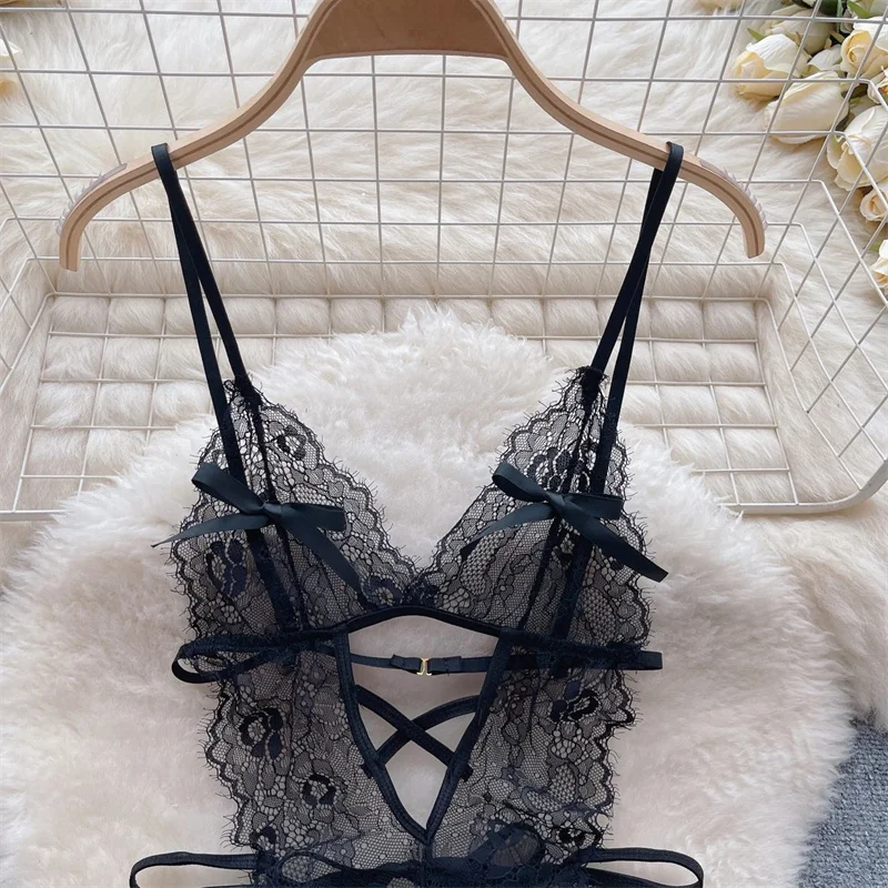 Sweet Solid Lace Women's Sexy Lingerie Cross Strap Bow Hollow Bodysuit One Piece Slim Fit Erotic Backless Catsuit Romper Pajama