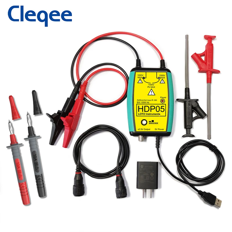 

Cleqee HDP50 1400V 100MHz Differential Probe High Voltage 7ns Rise Time 50X/500X Attenuation Rate Oscilloscope Probe