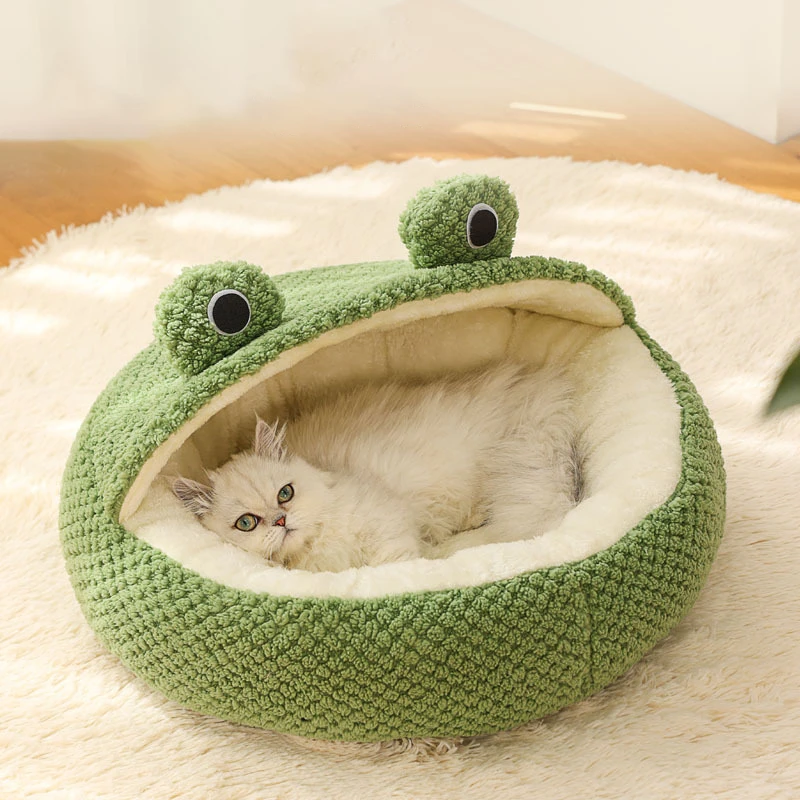 Pet Cat Dog Nest Peluche Round Cartoon Frog Mat Winter Warm Deep Sleep Bag Comfort Soft Puppy Dog Bed 2 In 1 Warm Cat Basket