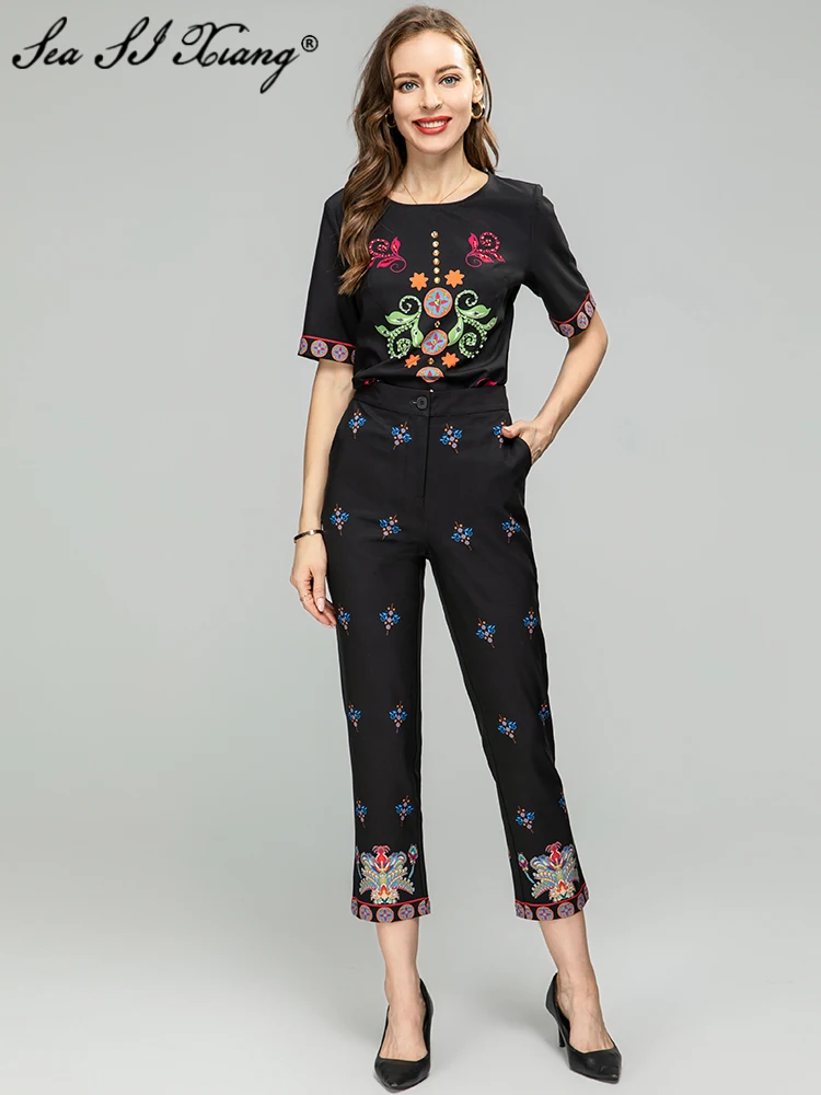 

Seasixiang Fashion Designer Summer Women Suit Short Sleeve Crystal Pullover Tops + Pencil Pants Print Vintage Two Pieces Set