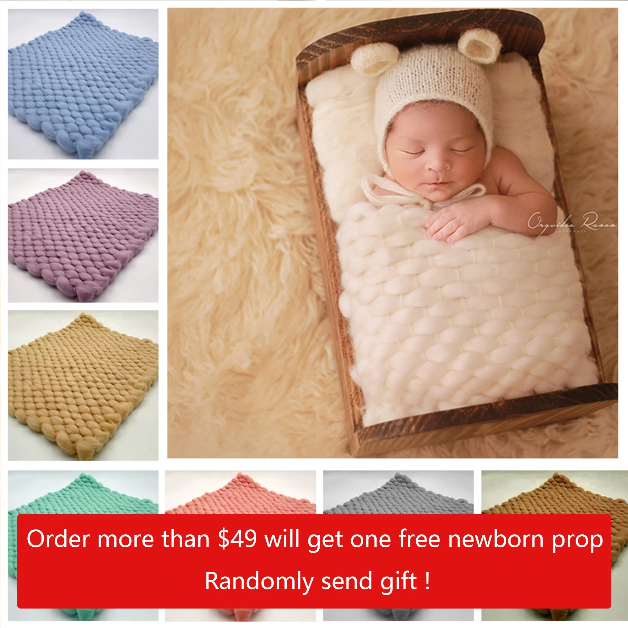 D&J 45x40cm Handmade Acrylic Hand Knitting Soft Baby Photography Layer Chunky Bump Blankets Newborn Basket Filler Infant Props