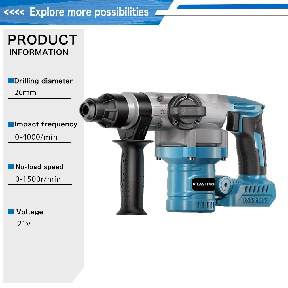26MM Brushless Electric Heavy Duty Hammer Multifunctional Rotary Cordless Rechargeable Power Tools Fit Makita 18V Battery 6
