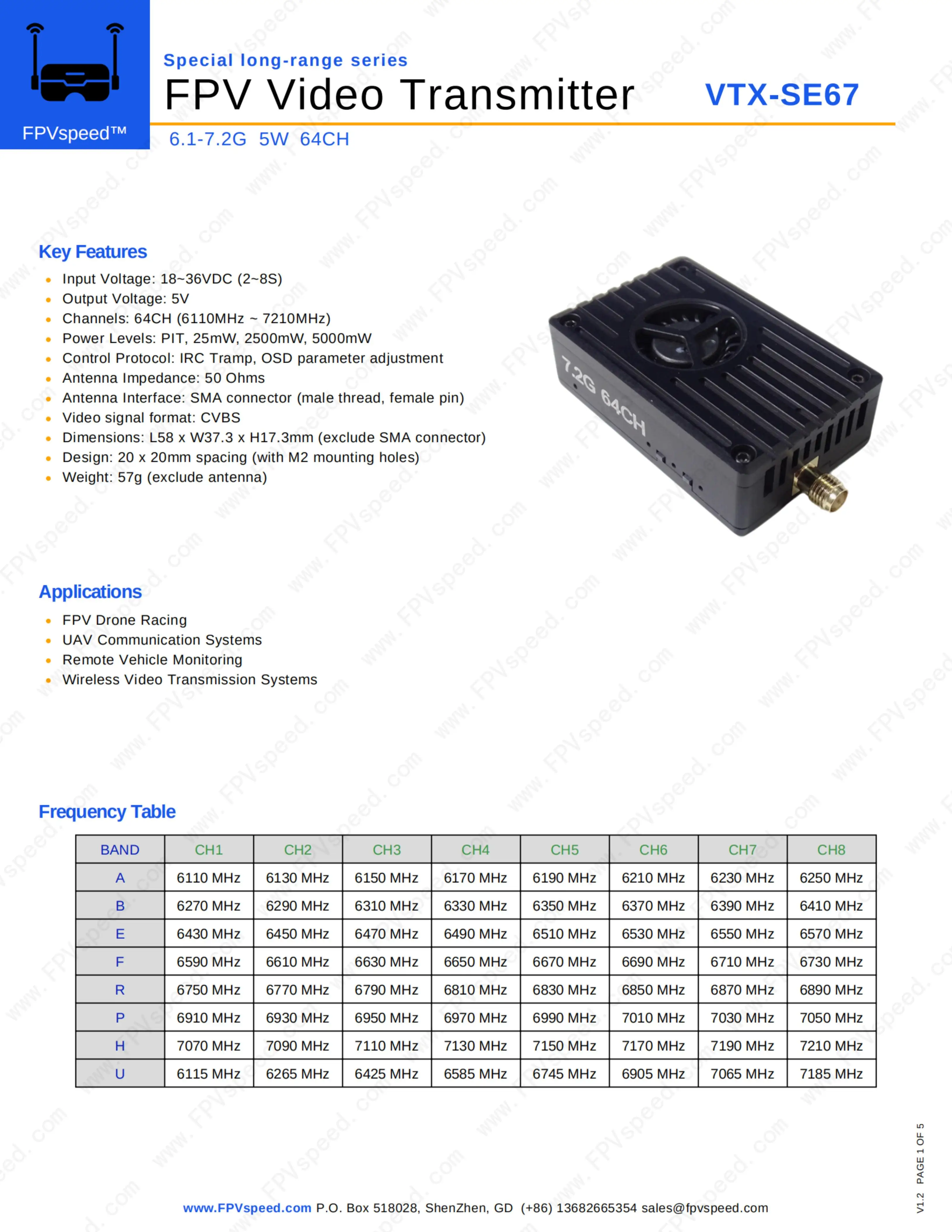 FPVspeed VTX-SE67 6,1GHz 7,2GHz 5W 64CH 7W Video-Sender mit IRC Tramp Control Protokoll, OSD-Konfiguration, Unterstützung für THOR T67 – Detail 1