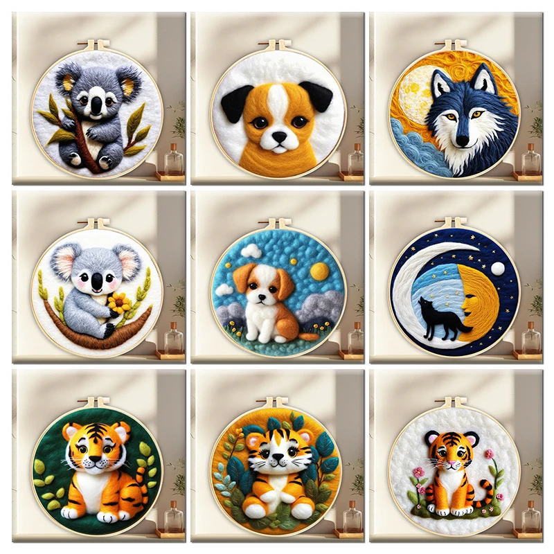 GATYZTORY DIY Felt Painting Kits Home Decor Pictures Lion Dog Koala Animal Handicraft Needle Wool Felting Art Gift