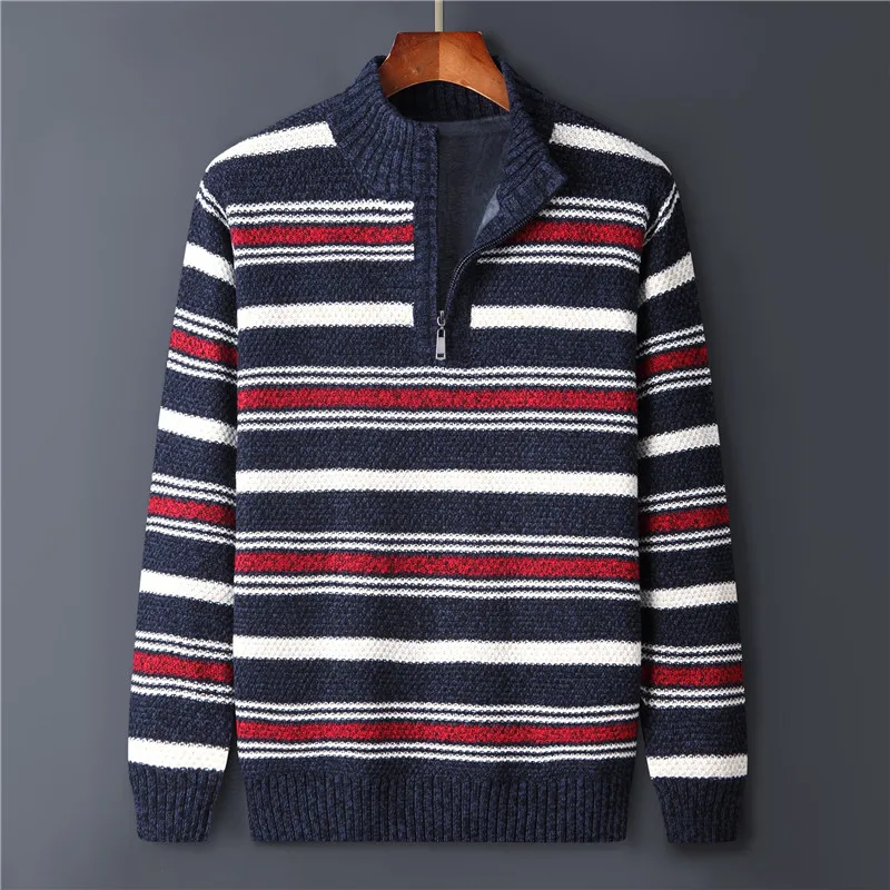 Half Zipper Winter Male Sweater Knitted Clothing Wool Liner Warm Striped Pullovers Coat Fashion Big Size M-4XL 5XL 6XL 7XL