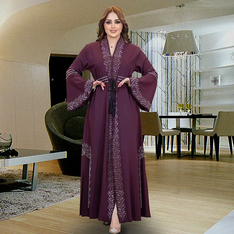 Plus-size Women\'s Dress Women Muslim Abayas Flared Long Sleeve  Loose Maxi Dress Female Casual Solid Abaya Vestidos Lace-up Robe
