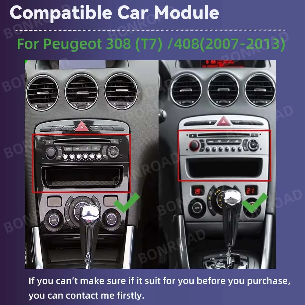 BONROAD Radio Multimedia para Auto con Pantalla de 7 Pulgadas, Sistema Linux, Carplay Inalámbrico, Android Auto, para Peugeot 308 408 Sedan SW CC RCZ 308 408 2007-2013, con Mirrorlink, Youtube, Bluetooth, DSP, RDS, Música en Línea, Cámara de Visión Trasera 3