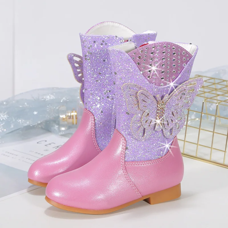 

2022 Girls' Korean Style Sparkling Butterfly Winter Boots: Fur Lined, Warm, and Stylish Footwear for Little Girls and Students