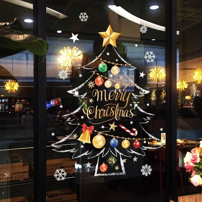 Christmas Window Stickers Party Bar Shop Ornaments Tree Snowflake Window Stickers Reusable Xmas Santa Decal for Home