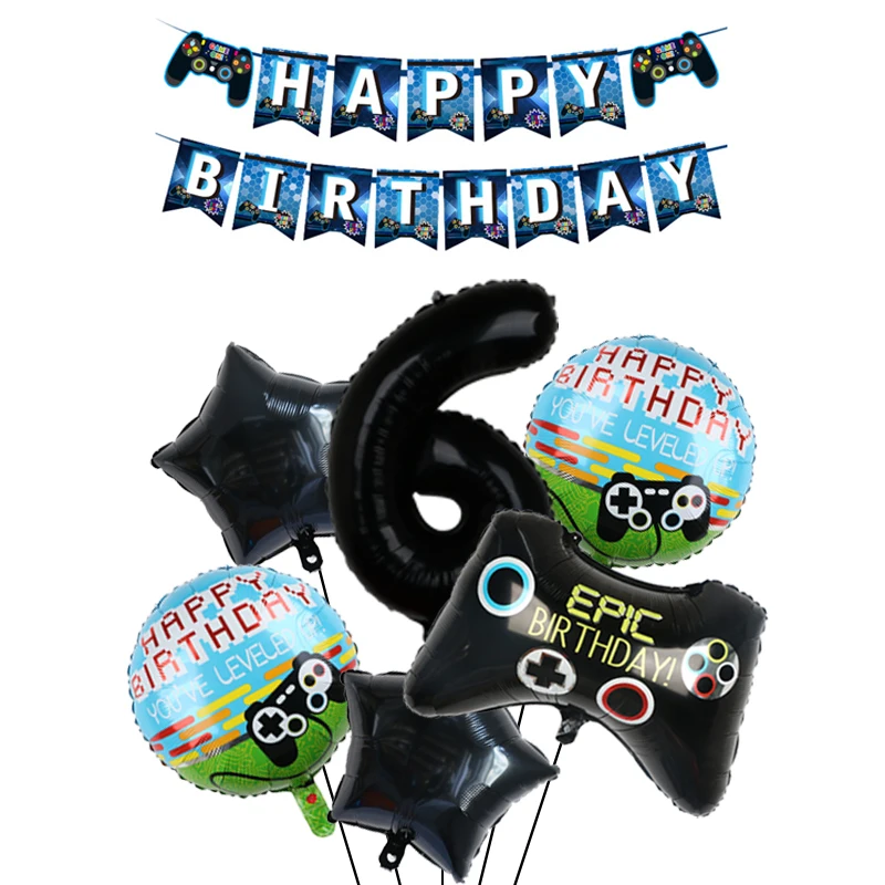 thumbnail image 1 of Decoración para fiesta de cumpleaños de videojuegos 1 a 9, color verde, para niños, suministros para fiestas temáticas de juegos, globo para subir de nivel, pancarta de feliz cumpleaños, 1 of 5