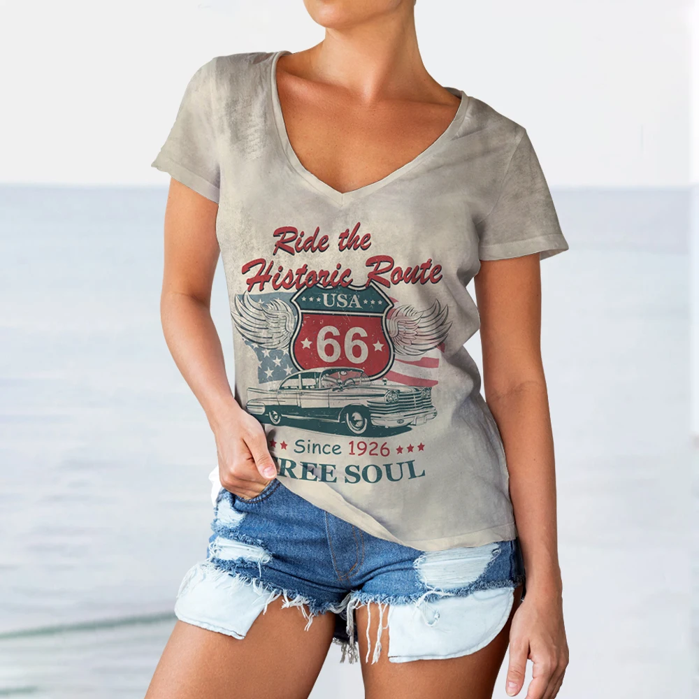 Summer Vintage Route 66 Women's T-shirt Printed Tees Fashion Classic Retro Biker Oversized Short Sleeve Shirt Tops Women48_voghion.com