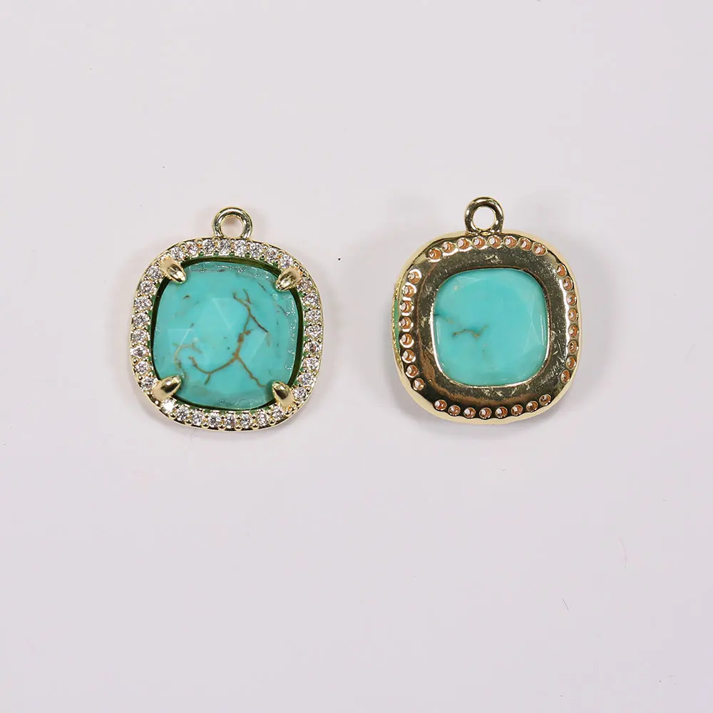 APDGG 5Pcs Natural Blue Turquoises Faceted Square Shape CZ Paved Pendant Charms For Necklace Earrings Jewelry Making DIY
