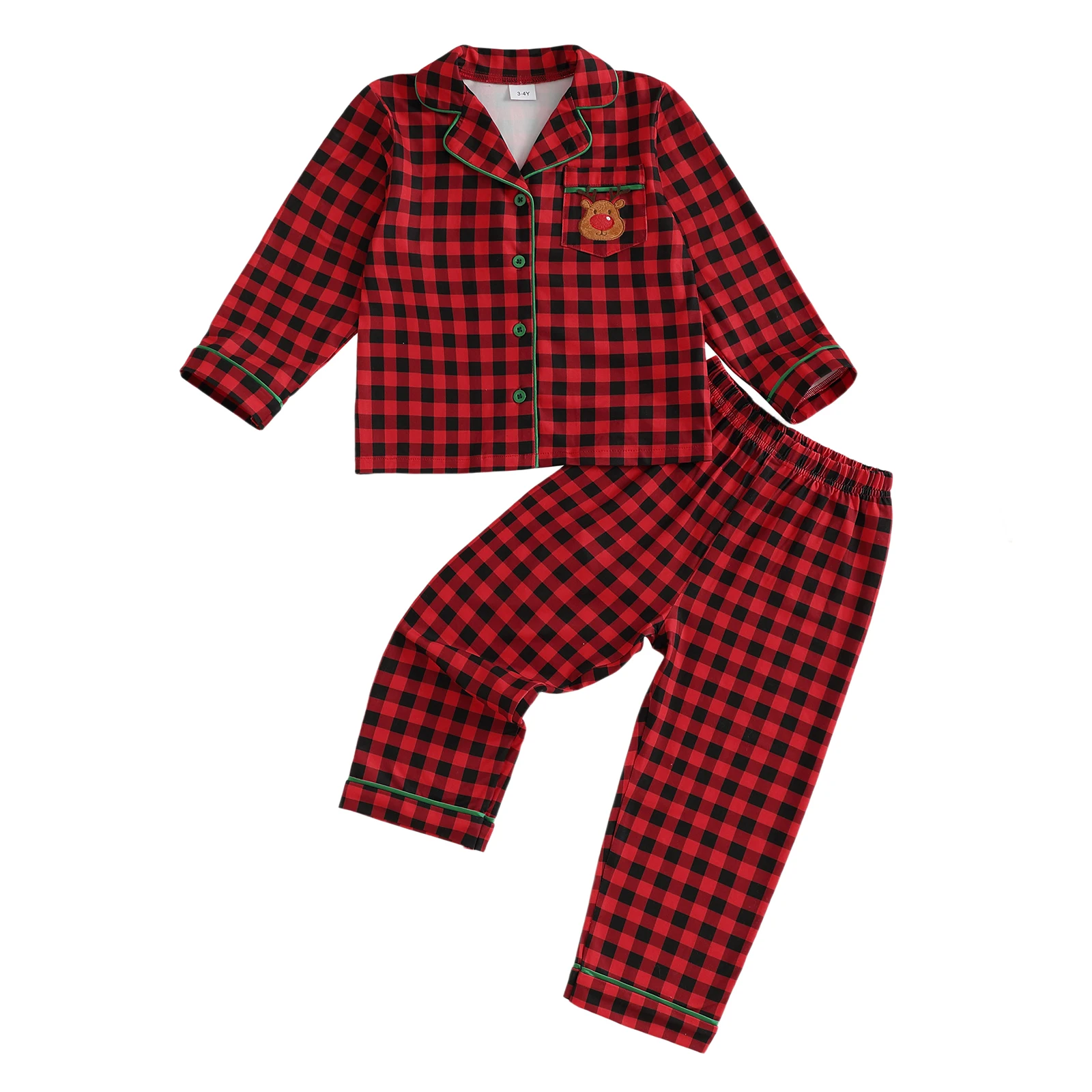 어린이 크리스마스 잠옷 세트 격자 무늬 긴 소매 단추 클로저 탑과 바지 잠옷
