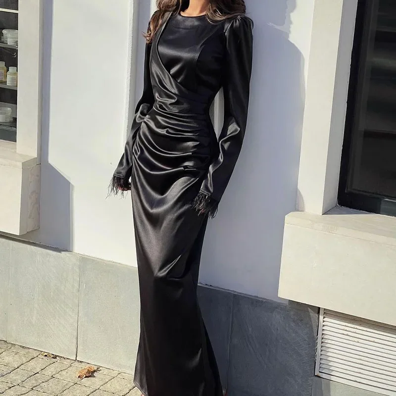 

Women Bodycon Dress New Satin Dresses for Women O-neck Temperament Summer Dress Woman Feather Cuff Lace-up Fashion Party Dress