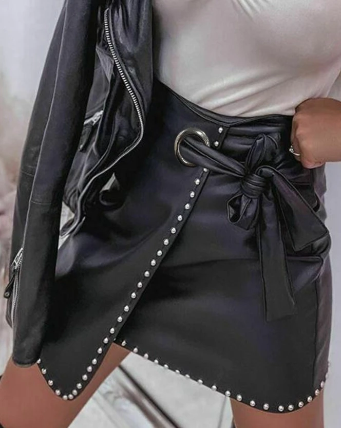 Women's Skirt Summer Fashion Pu Leather Eyelet Zipper Tied Detail Studded Casual Asymmetrical High Waist Plain Skinny Mini Skirt