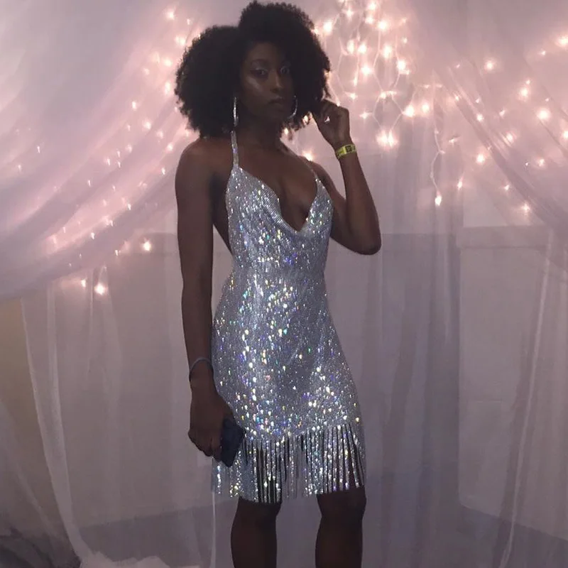 

New Rhinestone Dress Burst Deep V Backless Sexy Nightclub Carnival Show Sling Dress Female Long Dresses for Women Birthday Dress
