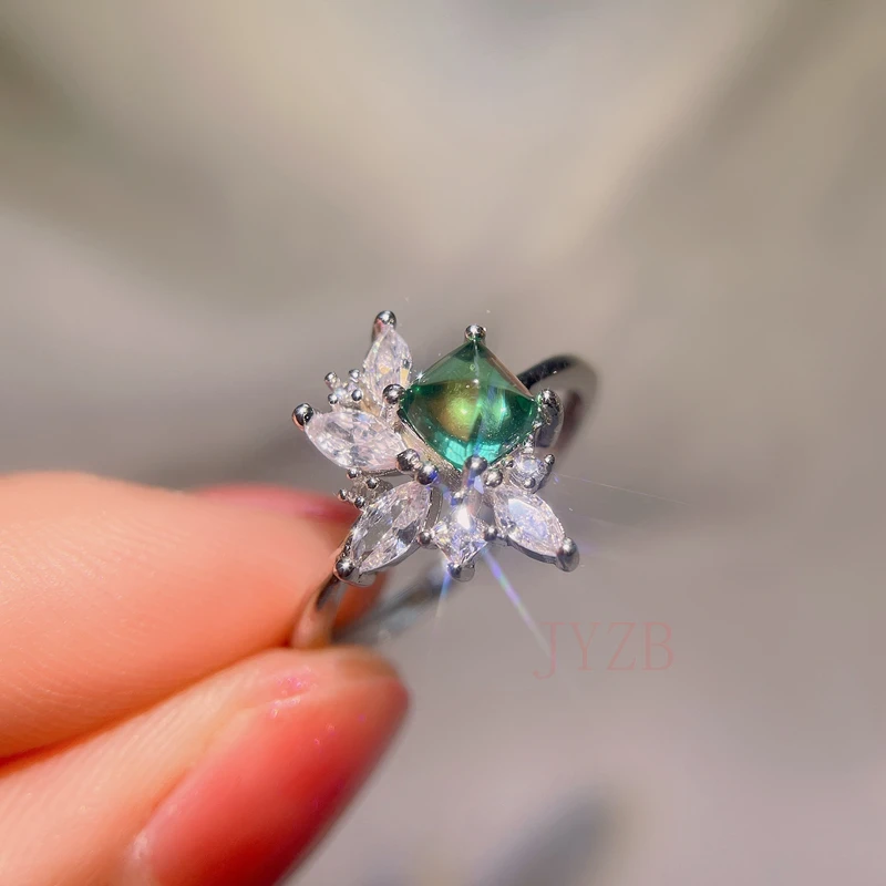 

Luxury full diamond natural Colombian emerald Tang Tower ring sterling silver inlaid green color treasure ring 5*5mm