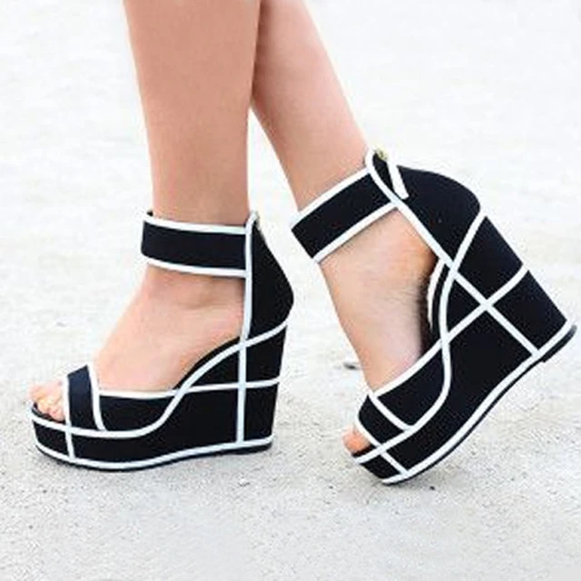 

Woman White Black Irregular Geomatric Suede Wedge Heel Sandals Women Platform Peep Toe Ankle Strap Vacation Sandalias Shoes