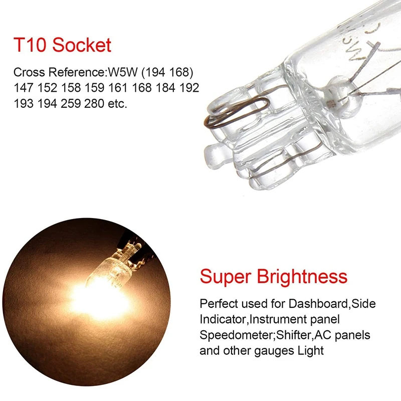 Car T10 12V 5W 168 194 W5W Halogen Light Bulb Instrument Cluster Gauge Dash Lamp Reading Lights 10 Pack Warm White car halogen light bulb