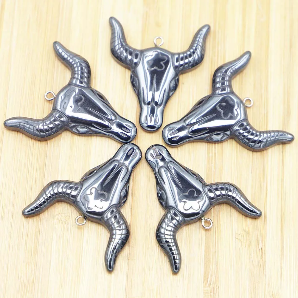Natural Hematite Carved Bull Head Pendant Punk Hip Hop Black Gallstone Necklace Fashion Charm Jewelry Accessories Wholesale 10Pc