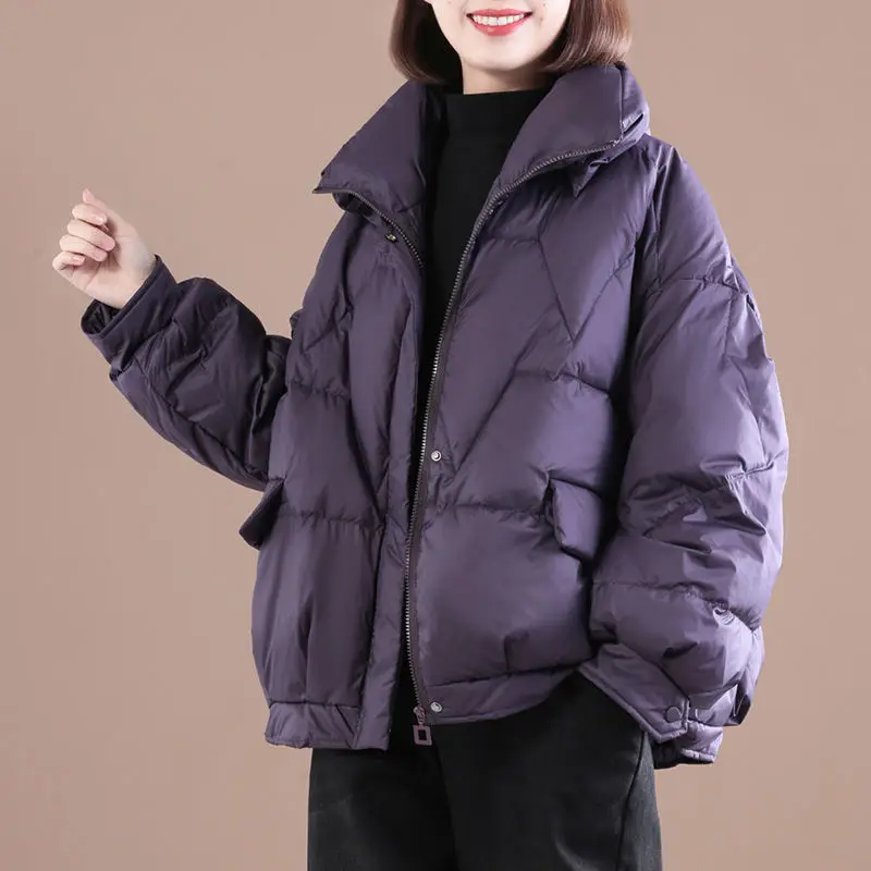 Women's Jacket White Duck Down Coat Korean Casual Solid Stand Collar Short Fashion Bread Clothes Winter Warm Woman Clothing A55