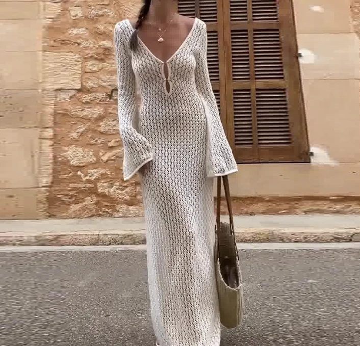 

Women's Fashion Sexy Dress 2024 Spring/Summer A-line Skirt U-neck Style Low cut Round Neck Hollow Perspective Sexy Dress