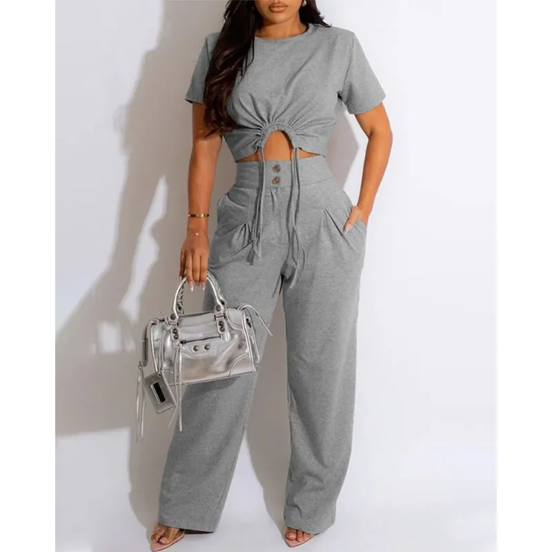 

2023 New Women's Solid Color Drawstring Short Top and Slant Pocket Blouse and Pants