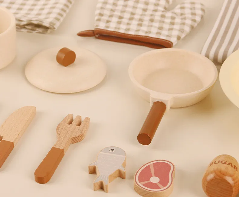 62cm High Quality Wooden Simulate kitchen toy set pot slice knife and fork fish meat Play house Interactive Toys baby girl gift 4