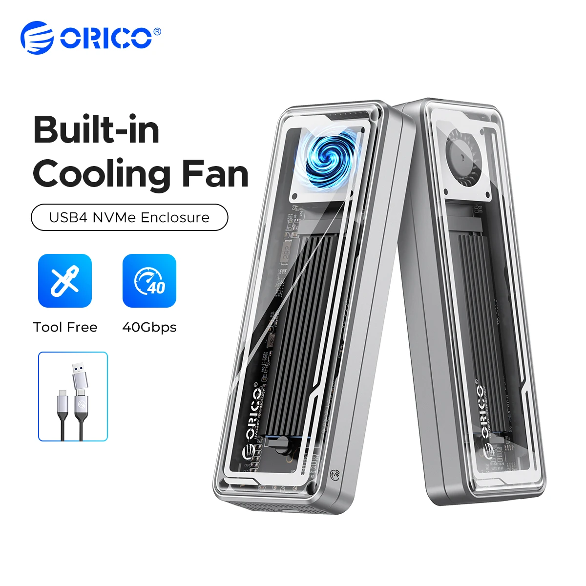 Orico 40Gbps Usb4 M.2 Ssd Enclosure 8Tb Con Ventola Di Raffreddamento Pcie4.0 Nvme Enclosure Thunderbolt 3/4 Compatibile In Alluminio Per Mac