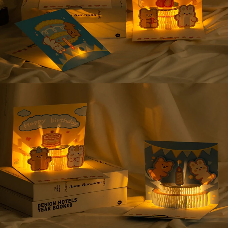 3D Musical Birthday Card with LED Light 3D Pop-Up Greeting Cards with Music Birthday Cake Card Creative Gifts Cards, greeting cards
