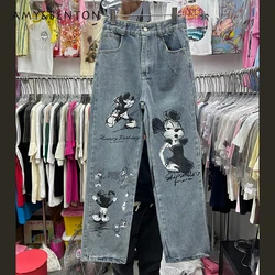 Potdemiel Jeans Women's Spring Summer 2024 High Waist Slimming Cartoon Printed Wide Leg Trousers All-Matching Kawaii Denim Pants