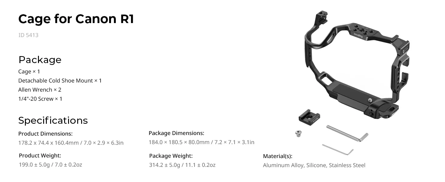 EOS R1 Cage for Canon EOS R1, w Detachable Cold Shoe Mount for DJI Gimbal Built-