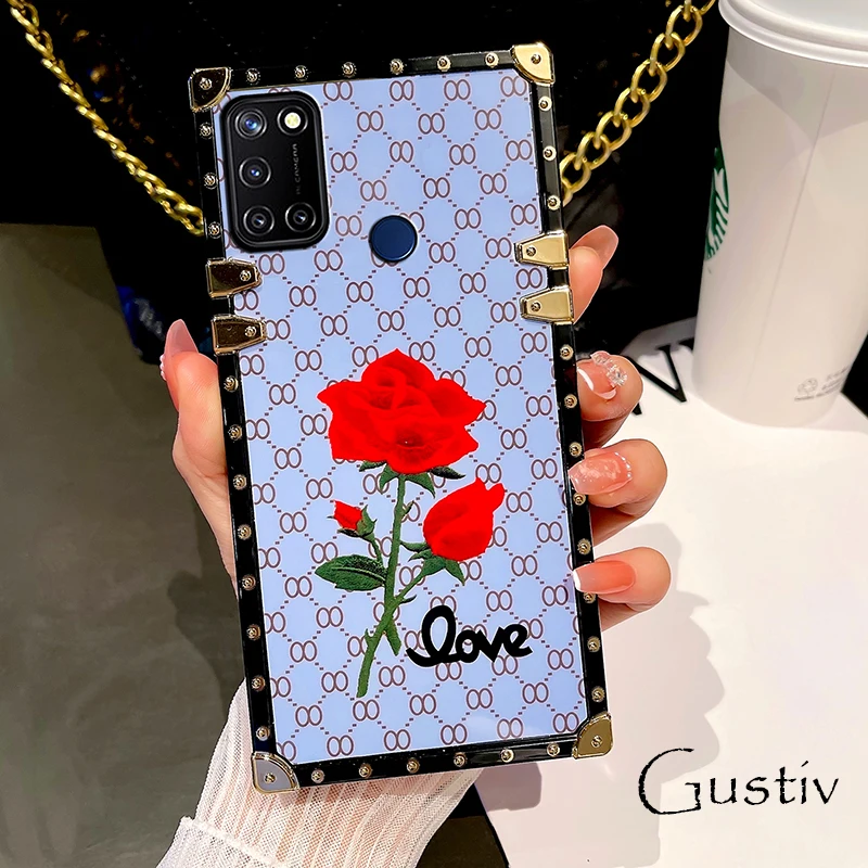 

Phone Case For OPPO Realme C30 4G C33 C35 C25 9i 7i V11 C15 C11 F21 Pro F19 PRO F17 Luxury Gold Plaid Rose Flower Square Cover