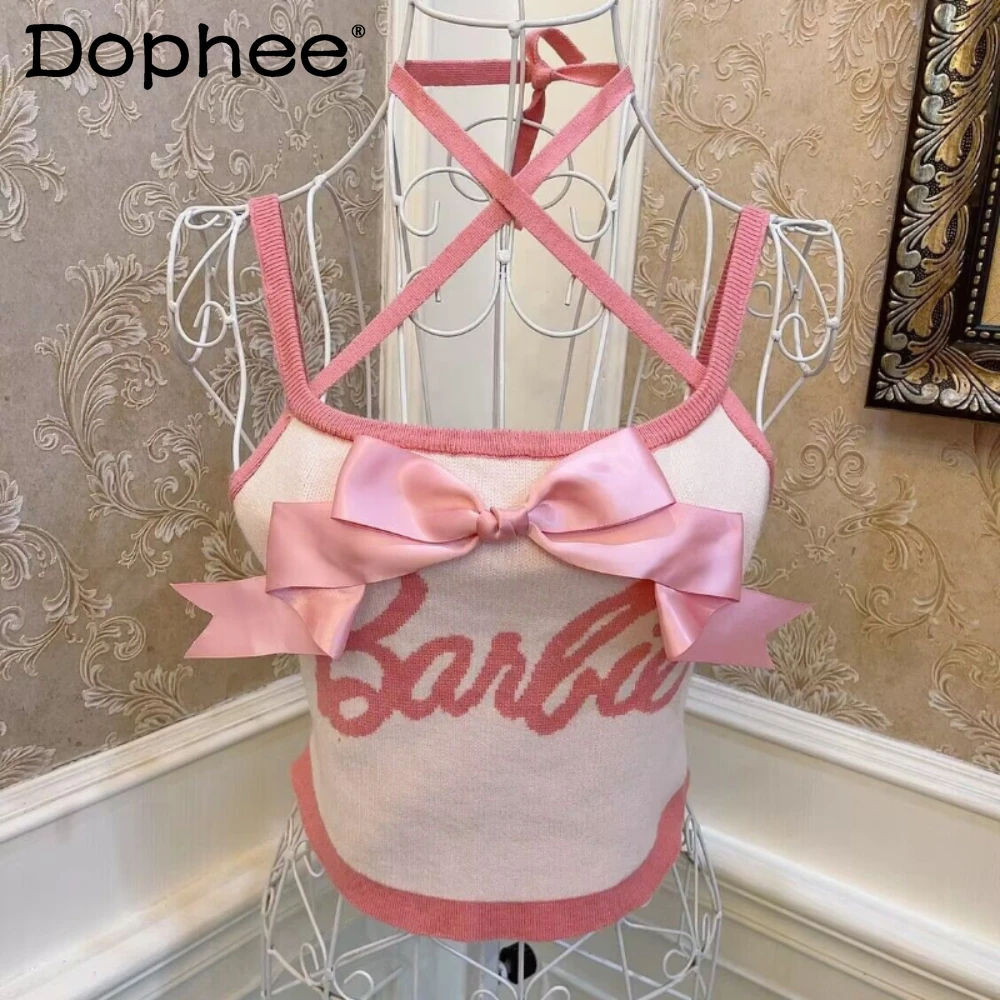 

2023 Sweetheart Princess Tanks Camisoles Bowknot Letters Spring Summer Knitted Slimming Stretch Halterneck Vest Top Short Slings
