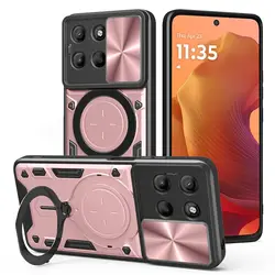 Magnetic Rotating Camera Slide Protector Ring 360 Stand Cover Case for Moto Edge 50 Pro (Rose Gold)