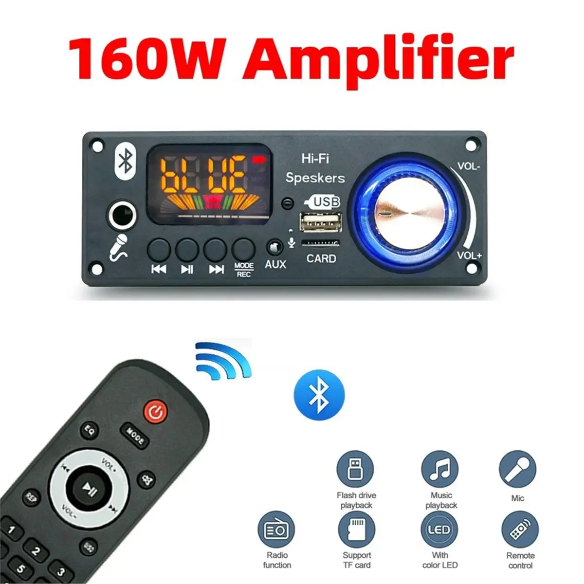 (BAAY) 160W 앰프 블루투스 5.1 MP3 디코더 보드 2x80W 오디오 플레이어 12V DIY MP3 플레이어 차량용 FM 라디오 모듈 TF USB 마이크