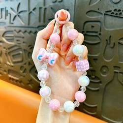 Elegant Anti - Lost Beaded Phone Charm Wrist Strap with Bow Accent (Pink)