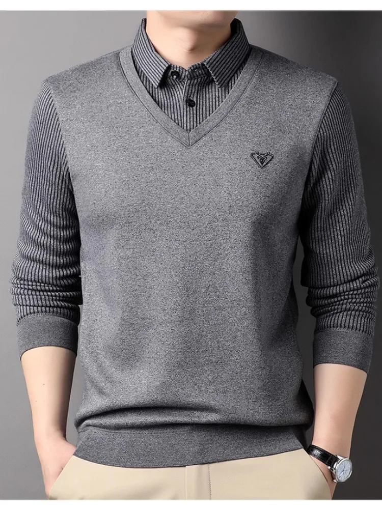 MensFashionEmbroideredShirtAdultMaleFauxTwopiecesLongSleeve