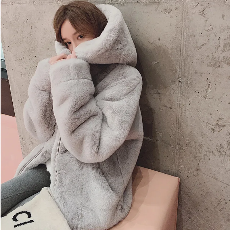

Winter Coat Women Soft Comfortable Hood Faux Fur Coat Korean Version of Imitation Rabbit Hair Faux Fur Coat Thickened Plush Coat