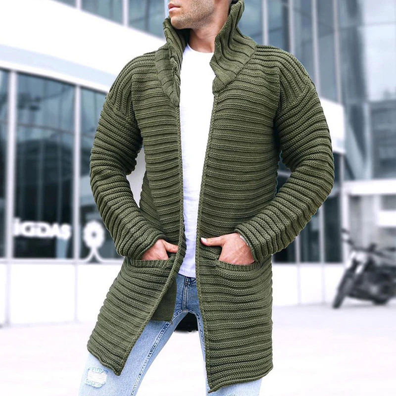 

Vintage Pleated Knitted Turtleneck Sweater Mens Cardigan Fall Winter Warm Thicken Crochet Trench Coats Men Knit Outerwear Jacket