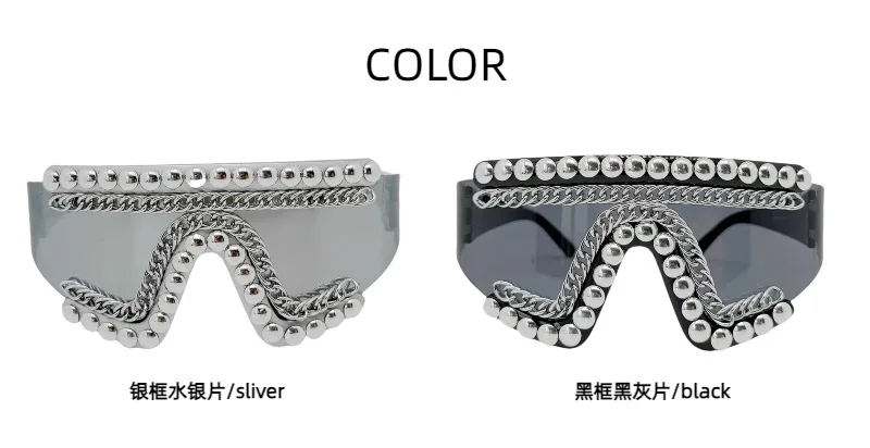 Einteilige Sonnenbrille im Punk-Stil mit großem Rahmen und Metallkette für Damen und Herren, Treny übertriebene, einzigartige Sonnenbrille für Party – Detail 8