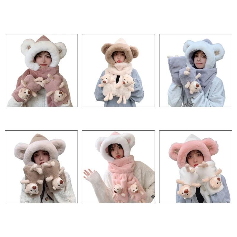 

Cartoon Plush 3 in 1 Hat Winter Warm Bear Scarf Pocket Gloves Hoodie Earflap Set with Long Scarf Wraps for Girls Women