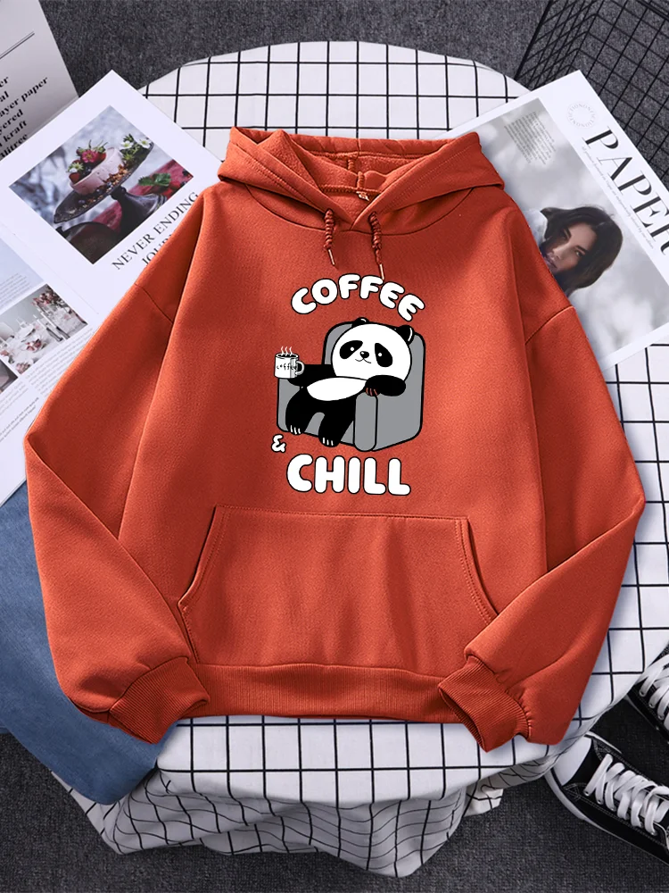 

Coffee And Chill Kawaii Panda Printed Womans Hoodie Casual All-math Womenswear O-Neck Shoulder Drop Style Tops Women's Hoodies
