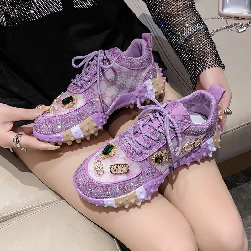 New Summer Women s Mesh Lace Sneakers Rhinestone Women s Sneakers Diamond Breathable Luxury Designer Casual