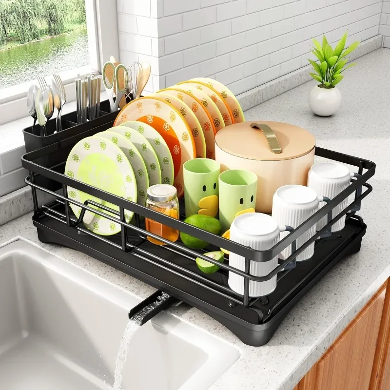 Dish Drying Rack-Stainless Steel Dish Rack for Kitchen Counter, Large-Capacity Drainer with Cutlery Holder, Kitchen
