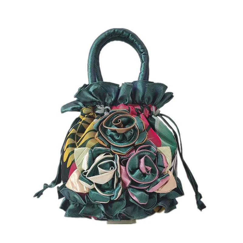 2022 Lace Flower Ethnic Style Drawstring Women\'s Handbag Hanfu Embroidered Cartoon Bag